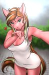  &lt;3 5_fingers anthro brown_hair clothed clothing day equine eyelashes female green_eyes hair looking_at_viewer mammal mykegreywolf outside pink_skin selfie smile solo 