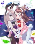  animal_ears bare_shoulders breasts bunny_ears bunny_girl bunny_tail bunnysuit detached_collar fake_animal_ears fishnet_pantyhose fishnets hair_over_one_eye hat kagari_atsuko komoreg leotard little_witch_academia long_hair looking_at_viewer multiple_girls open_mouth pale_skin pantyhose pink_hair purple_leotard red_eyes red_leotard small_breasts strapless strapless_leotard sucy_manbavaran tail witch wrist_cuffs 