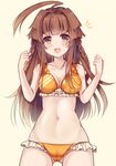  :d ahoge bikini breasts brown_eyes brown_hair collarbone fang frilled_bikini frills huge_ahoge kantai_collection ko_yu kuma_(kantai_collection) long_hair open_mouth orange_background orange_bikini simple_background small_breasts smile solo swimsuit 