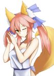  animal_ears apron blue_bow bow breasts cleavage collarbone eyebrows_visible_through_hair fate/extra fate_(series) fox_ears fox_tail hair_bow highres jilu large_breasts naked_apron one_eye_closed pink_hair solo tail tamamo_(fate)_(all) tamamo_no_mae_(fate) upper_body yellow_eyes 