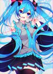  bad_id bad_pixiv_id black_bow black_legwear black_skirt blue_eyes blue_hair blue_neckwear blush bow chromatic_aberration cowboy_shot detached_sleeves eyebrows_visible_through_hair floating_hair frilled_shirt frills grey_shirt hair_between_eyes hair_bow hatsune_miku highres long_hair miniskirt motsuni_(lxxe1120) necktie open_mouth pleated_skirt purple_eyes red_ribbon ribbon shirt skirt sleeveless sleeveless_shirt solo standing thighhighs twintails vocaloid zettai_ryouiki 