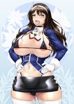  :d areola_slip areolae ashigara_(kantai_collection) ass_visible_through_thighs ayato bikini black_bikini blush breasts brown_eyes brown_hair cleavage covered_nipples fang gloves hairband hands_on_hips highres kantai_collection large_areolae large_breasts long_hair looking_at_viewer micro_bikini navel open_mouth pubic_hair pubic_hair_peek revealing_clothes skirt smile solo swimsuit thighhighs tongue white_gloves white_legwear 