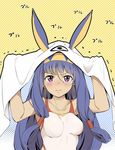  alternate_costume animal_ears arms_up blush breasts collarbone commentary_request earrings fate/grand_order fate_(series) hairband hoop_earrings jackal_ears jewelry long_hair looking_at_viewer medium_breasts nishimi_shin nitocris_(fate/grand_order) nitocris_(swimsuit_assassin)_(fate) pout purple_eyes purple_hair sidelocks solo swimsuit tears trembling veil very_long_hair white_swimsuit 