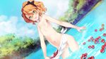  blush censored cloud cloudy_sky collarbone day dutch_angle eiyuu_senki eiyuu_senki_gold flat_chest game_cg green_eyes hair_ribbon hairband happy looking_at_viewer mosaic_censoring navel nipples nude ooyari_ashito open_mouth orange_hair outdoors ribbon short_hair sky solo tree water ywain_(eiyuu_senki) 