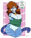  &lt;3 2017 alternate_species amber_eyes anthro arnachy breasts cleavage clothed clothing collar dialogue english_text feline geeflakes_(character) mammal pussy sweater text tiger tongue tongue_out wide_hips 