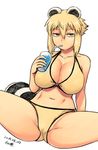  animal_ears araiguma-san bare_shoulders bikini blonde_hair breasts cleavage collarbone cup dated drinking_glass drinking_straw large_breasts looking_at_viewer navel original partially_visible_vulva raccoon_ears raccoon_tail red_eyes short_hair simple_background solo spread_legs swimsuit tail thick_thighs thighs tsukudani_(coke-buta) white_background yellow_bikini 