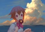  bag bangs blue_sky bow bowtie box brown_hair cloud cloudy_sky collared_shirt day doughnut eyebrows_visible_through_hair food food_in_mouth hair_between_eyes hands_up holding holding_box izumi_sai looking_at_viewer mouth_hold ocean original outdoors pastry_box pink_bow pink_neckwear red_eyes school_bag school_uniform shirt short_hair short_sleeves shoulder_bag sidelocks sky solo upper_body white_shirt 