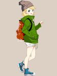  :d aqua_eyes backpack bag beanie blonde_hair commentary_request green_jacket hand_in_pocket hat jacket jpeg_artifacts mirai_denki open_mouth pointing shoes short_hair shorts simple_background smile sneakers solo standing tan_background walking white_shorts 
