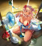  2017 ahoge artist_name bare_shoulders bikini bikini_pull blonde_hair blush breasts collarbone comic_kairakuten_beast commentary_request cover cover_page covered_nipples cup drinking_glass fan flower food fruit green_eyes hair_flower hair_ornament highres indoors japanese_clothes kimono large_breasts long_hair nail_polish obi official_art open_mouth pyon-kichi red_bikini sash seiza sitting skindentation solo sweat swimsuit tan tanline tongue tongue_out two_side_up undressing untied untied_bikini watermelon yukata 