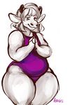  2017 ambiguous_gender anthro belly big_belly big_thighs biped bovine cattle clothing cloven_hooves curvaceous digital_media_(artwork) digital_painting_(artwork) eyelashes flat_chested front_view girly greyscale guwu hair half-closed_eyes hands_together hooved_fingers hooves horn long_ears looking_at_viewer mammal monochrome one-piece_swimsuit overweight portrait purple_clothing short_hair signature simple_background smile solo spot_color standing sweat sweatdrop swimsuit three-quarter_portrait white_background 