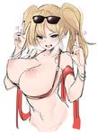  absurdres bikini black_nails blonde_hair blue_eyes blush breasts breasts_outside cleavage double_v eyewear_on_head freedom_nakai granblue_fantasy heart heavy_breathing highres large_breasts long_hair looking_at_viewer nail_polish nipples red_bikini simple_background sketch solo sunglasses sweat swimsuit teeth tongue twintails v white_background zeta_(granblue_fantasy) 