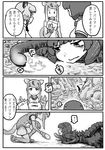  4girls african_wild_dog_(kemono_friends) animal_ears comic crossover day fallen_down godzilla godzilla_(series) golden_snub-nosed_monkey_(kemono_friends) greyscale hands_up highres holding kemono_friends kishida_shiki looking_at_another lying monkey_ears monochrome multiple_girls on_stomach outdoors personification shin_godzilla shirt smile spoken_ellipsis spoken_squiggle squiggle standing tail translated wavy_mouth 