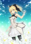  :d ahoge arm_up armor_removed artoria_pendragon_(all) bare_shoulders black_legwear black_ribbon blonde_hair breasts cloud cowboy_shot day detached_collar dress fate_(series) flower flush frills gloves green_eyes hair_ribbon highres jam_(nandade) layered_dress lily_(flower) long_hair medium_breasts open_mouth pantyhose petals ponytail ribbon saber_lily smile solo white_dress white_gloves 