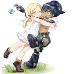  1girl bangs black_hair blonde_hair blush boots brown_footwear cheek-to-cheek cheek_squash closed_mouth dark_skin dress facial_mark fang full_body glasses glomp grass helmet hug low_twintails made_in_abyss mechanical_arms mechanical_legs navel one_eye_closed open_mouth outstretched_arms pants parted_bangs regu_(made_in_abyss) riko_(made_in_abyss) rimless_eyewear roku_(saba_kan) sleeveless sleeveless_dress smile star_compass thick_eyebrows topless twintails wavy_mouth white_background white_dress yellow_eyes 