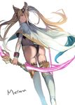  :q animal_ears ass bangs black_panties blunt_bangs boots bow_(weapon) brown_eyes brown_hair cape commentary_request erune from_behind granblue_fantasy hair_ornament highres holding holding_bow_(weapon) holding_weapon long_hair looking_at_viewer looking_back metera_(granblue_fantasy) mole mole_under_mouth panties solo thigh_boots thighhighs three_k_(spiritus_no_honoo) tongue tongue_out twintails underwear weapon white_footwear 