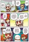  3girls ahoge altera_(fate) attila_(fate/grand_order) blonde_hair blush_stickers cellphone comic detached_sleeves fate/grand_order fate_(series) female fujimaru_ritsuka_(female) green_eyes hair_between_eyes highres holding holding_sword holding_weapon long_hair long_sleeves midriff motion_lines multiple_girls navel open_mouth orange_hair phone riyo_(lyomsnpmp) saber short_hair side_ponytail silver_hair smartphone sweatdrop sword teeth translated trembling weapon yellow_eyes 