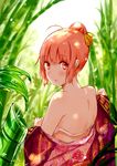  :o ahoge back bamboo bamboo_forest bangs bare_shoulders blunt_bangs blush bra day eyebrows_visible_through_hair fingernails floral_print forest from_behind hair_bun hair_ribbon highres hmw_(pixiv7054584) japanese_clothes kimono leaf long_fingernails long_sleeves looking_at_viewer looking_back nature off_shoulder open_mouth orange_eyes orange_hair original outdoors plant ribbon short_hair sidelocks solo underwear upper_body water_drop wide_sleeves yellow_ribbon 