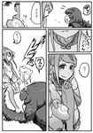  afterimage animal_ears chewing comic crossover eating elbow_gloves food gloves godzilla godzilla_(series) golden_snub-nosed_monkey_(kemono_friends) greyscale hairband highres holding holding_food japari_bun kemono_friends kishida_shiki long_hair looking_at_another lying monkey_ears monochrome multiple_girls on_stomach personification ponytail shin_godzilla short_hair smile tail translated 