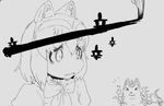  amaterasu animal_ears bow brush_stroke common_raccoon_(kemono_friends) grey_background greyscale issun kemono_friends monochrome ookami_(game) puffy_short_sleeves puffy_sleeves raccoon_ears sad short_hair short_sleeves simple_background torigoshi_crow upper_body wolf 