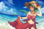  \||/ ass_visible_through_thighs bangs bare_arms bare_shoulders beach bikini_bottom blue_eyes blue_sky blunt_bangs bracelet braid breasts cleavage cloud cowboy_shot day fisheye floating_hair flower flower_necklace green_hair halter_top halterneck hand_on_headwear hat hat_flower hatomugi_seika highres jewelry kantai_collection light_blush long_hair looking_at_viewer medium_breasts midriff mole mole_under_mouth navel necklace ocean open_mouth outdoors red_bikini_bottom sarong sarong_lift sidelocks sky smile solo standing sun_hat swimsuit very_long_hair water waves yuugumo_(kantai_collection) 