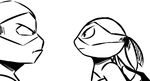  2017 anthro bandanna black_and_white disembodied_hand duo_focus eye_contact group inkyfrog leonardo_(tmnt) male mask monochrome raphael_(tmnt) reptile scalie shell side_view simple_background teenage_mutant_ninja_turtles turtle white_background 