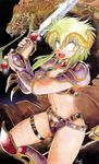  1girl 80s armlet armor bikini_armor boots dated fang green_eyes green_hair holding holding_sword holding_weapon horns kahm long_hair manabe_jouji monster navel official_art oldschool open_mouth outlanders pauldrons solo sword thigh_strap two-handed weapon 