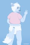  2017 anthro blue_background blue_eyes buurgerboy canine clothed clothing diaper fox furgonomics infantilism looking_back male mammal pacifier pillow_(buurgerboy) rear_view signature simple_background standing tail_clothing v_sign 