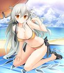  ahoge bangs bare_shoulders beach beach_umbrella bikini blush braid breasts cleavage closed_mouth cloud cloudy_sky collarbone commentary_request day fate/grand_order fate_(series) full_body hair_between_eyes kanekiyo_miwa kneeling large_breasts long_hair looking_at_viewer navel olga_marie_animusphere outdoors side_braid sky solo stomach swimsuit umbrella very_long_hair white_hair yellow_bikini yellow_eyes 