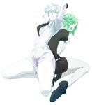  akihiko_(sw4553) androgynous antarcticite arm_up back-to-back belt black_footwear black_gloves black_neckwear eyebrows_visible_through_hair eyes_visible_through_hair full_body gem_uniform_(houseki_no_kuni) gloves hair_over_one_eye houseki_no_kuni looking_at_viewer looking_back multiple_others necktie parted_lips phosphophyllite shirt shoes short_hair short_sleeves shorts uniform white_hair white_shirt white_shorts white_skin 