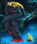  alexa_neon anthro canine cave claws clothed clothing digital_media_(artwork) floppy_ears fur hair looking_at_viewer male mammal outside pants red_eyes smile solo standing water 