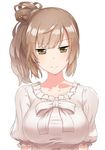  abmayo bangs bow breasts brown_eyes brown_hair cevio collarbone dress eyebrows_visible_through_hair hair_bun half-closed_eyes highres large_breasts looking_at_viewer satou_sasara short_hair short_sleeves side_ponytail simple_background solo upper_body white_background white_dress 