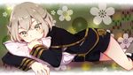  agsen androgynous bangs black_shorts cherry_blossoms commentary_request crossed_bangs floral_background grey_hair hotarumaru long_sleeves looking_at_viewer lying male_focus military military_uniform on_side pillow short_shorts shorts solo touken_ranbu uniform yagasuri yellow_eyes 