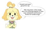  2018 animal_crossing anthro canine clothed clothing dialogue dog female fur hgmorbi humor isabelle_(animal_crossing) mammal nintendo open_mouth profanity shih_tzu simple_background smile solo video_games yellow_fur 