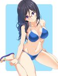  bad_id bad_twitter_id bikini black_hair blue_background blue_bikini blue_eyes blush breasts cleavage collarbone commentary_request glasses groin hair_between_eyes hands_on_ankles hibike!_euphonium jpeg_artifacts large_breasts light_smile long_hair mirai_denki navel red-framed_eyewear sandals sitting solo swimsuit tanaka_asuka wariza wavy_hair 