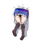  ass black_panties blue_skirt boots brown_footwear commentary_request from_behind highres hinanawi_tenshi knee_boots lower_body neropaso panties simple_background skirt solo striped striped_panties stuck touhou underwear vertical-striped_panties vertical_stripes white_background 