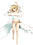  absurdres ahoge arm_up armpits bangs barefoot blonde_hair blush breasts dh_ead eyebrows_visible_through_hair fate/extra fate/extra_ccc fate_(series) full_body green_eyes hair_intakes hand_up highres large_breasts light_censor looking_at_viewer navel nero_claudius_(bride)_(fate) nero_claudius_(fate)_(all) nude open_mouth sidelocks simple_background solo veil white_background 