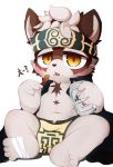  aged_down anthro blush canine chibi clothing eating fur headband horkeukamui kemono male mammal multicolored_fur pingkoon simple_background solo tokyo_afterschool_summoners white_fur wolf young 