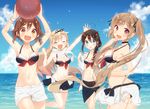  adapted_costume ball beach beachball bikini bikini_skirt black_hair blonde_hair blue_eyes blush breasts brown_eyes closed_eyes commentary_request day hair_flaps hair_ornament jacket kantai_collection knee_up long_hair looking_at_viewer medium_breasts multiple_girls murasame_(kantai_collection) naoto_(tulip) navel open_mouth outdoors parted_lips red_eyes remodel_(kantai_collection) sailor_bikini sailor_collar sarong scarf shigure_(kantai_collection) shiratsuyu_(kantai_collection) shorts smile swimsuit twintails white_bikini white_jacket white_scarf white_shorts wristband yuudachi_(kantai_collection) 