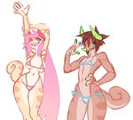  anthro bikini chameleon clothed clothing crossdressing duo female flat_chested hair horn lizard looking_at_viewer male open_mouth reptile scalie seely smile standing swimsuit wide_hips 