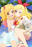  absurdres aikatsu! aikatsu!_(series) aikatsu_stars! banana blonde_hair bow coconut day flower food food_themed_hair_ornament fruit hair_bow hair_ornament hammock hibiscus highres holding holding_food holding_fruit hoshimiya_ichigo multicolored_hair multiple_girls nijino_yume official_art one_eye_closed orange palm_tree plumeria sakai_kasumi shirt signature skirt sky smile strawberry strawberry_hair_ornament tree twintails white_shirt white_skirt yellow_eyes 