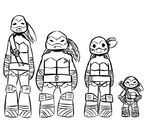  2017 anthro bandanna black_and_white chipped_shell clothed clothing donatello_(tmnt) elbow_pads foot_wraps freckles group hand_wraps hands_on_hips inkyfrog knee_pads leonardo_(tmnt) looking_at_viewer male mask michelangelo_(tmnt) monochrome raphael_(tmnt) reptile scalie shell short simple_background standing teenage_mutant_ninja_turtles tooth_gap turtle white_background wraps wrist_wraps 