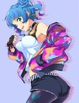  :d ass blue_hair bracelet breasts commentary_request diagonal_stripes double_bun earrings fingerless_gloves from_side gloves hand_in_pocket jewelry jpeg_artifacts medium_breasts mirai_denki multicolored multicolored_clothes multicolored_hair nanasaki_nicole open_mouth pantyhose pantyhose_under_shorts purple_background shorts sideways_mouth smile solo spiked_bracelet spikes streaked_hair striped tank_top tokyo_7th_sisters 