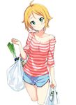  ahoge aqua_eyes bag blonde_hair blush collarbone commentary_request gym_shorts jpeg_artifacts light_frown mirai_denki nonohara_hime off_shoulder plastic_bag shirt short_hair shorts simple_background single_bare_shoulder solo spring_onion striped striped_shirt tokyo_7th_sisters white_background 