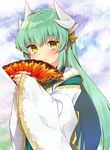  agsen bangs blush closed_mouth commentary_request dragon_girl dragon_horns eyebrows_visible_through_hair fan fate/grand_order fate_(series) green_hair holding holding_fan horns japanese_clothes kiyohime_(fate/grand_order) long_hair looking_at_viewer smile solo upper_body wide_sleeves yellow_eyes 