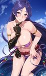  armlet bikini blush breasts choker cleavage cloud collarbone day eyepatch_bikini fate/grand_order fate_(series) gloves highres huge_breasts long_hair looking_at_viewer minamoto_no_raikou_(fate/grand_order) minamoto_no_raikou_(swimsuit_lancer)_(fate) navel pouch purple_bikini purple_eyes purple_hair sash single_glove sky smile solo swimsuit very_long_hair wet yang-do 