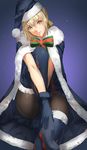  &gt;:) artoria_pendragon_(all) bangs black_dress black_footwear black_gloves black_legwear blonde_hair boots cape commentary_request dress fate/grand_order fate_(series) fur_trim gloves hair_ribbon hat knee_up looking_at_viewer pantyhose parted_lips ribbon santa_alter santa_hat short_dress short_hair sitting smile solo thigh_boots thighhighs three_k_(spiritus_no_honoo) v-shaped_eyebrows yellow_eyes 