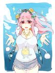 blush breasts commentary_request flower hair_flower hair_ornament head_wreath headphones highres large_breasts long_hair looking_at_viewer nitroplus open_mouth pink_hair pnd_pon red_eyes smile solo super_sonico 