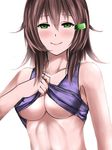  blush breasts brown_hair ceijin_(rizalagoenk) closed_mouth collarbone commentary green_eyes hair_ornament hairclip highres long_hair looking_at_viewer medium_breasts original purple_shirt shirt shirt_lift sketch sleeveless sleeveless_shirt smile solo upper_body white_background 