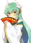  agsen bangs blush closed_mouth dragon_girl dragon_horns eyebrows_visible_through_hair fan fate/grand_order fate_(series) green_hair holding holding_fan horns japanese_clothes kiyohime_(fate/grand_order) long_hair looking_at_viewer simple_background smile solo upper_body white_background wide_sleeves yellow_eyes 