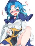  1girl :d ahoge blue_eyes blue_hair blush breasts commentary_request drunk furorina hood kesa knee_up kumoi_ichirin laughing long_hair long_sleeves looking_at_viewer medium_breasts nose_blush nun open_mouth sitting smile solo tokkuri touhou wide_sleeves 